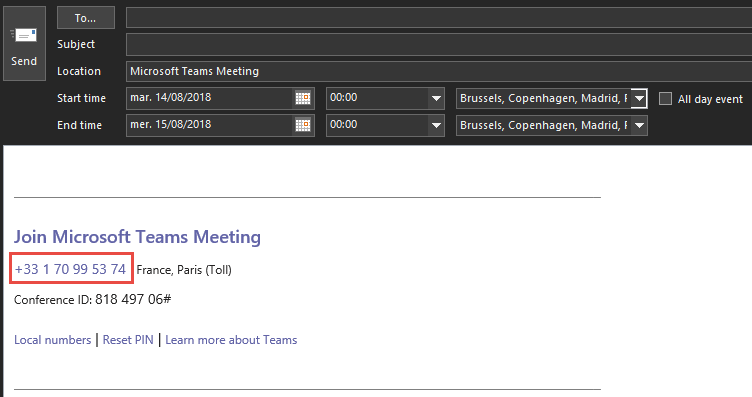 Open the meeting invite (mail) and call the number of the conference corresponding to your region