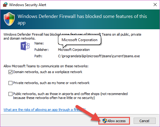 Windows security prompt pop up, allow the application on the Domain networks